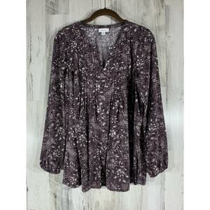 PureJill by J Jill Blouse Top Size Small Dark Plum Floral Notch‎ Neck Pleated